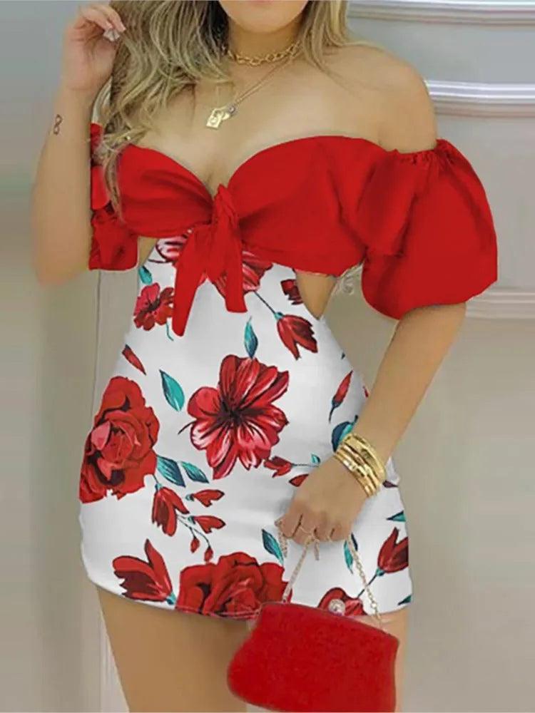Flower Print, Shorts Romper, Off Shoulder Sleeves, Hollowed Back And Sides - Just The Fly Way