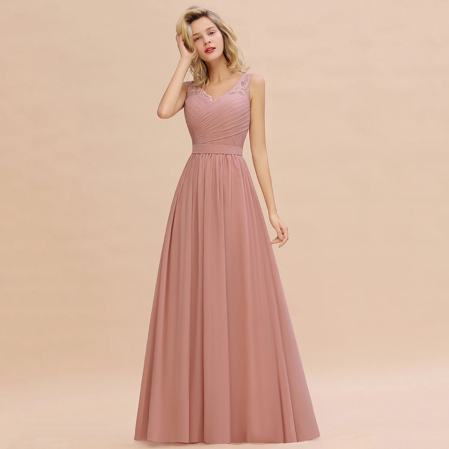BABYONLINE Elegant Bridesmaid Dress Pleated Bodice See-through Lace Cap Sleeves Maxi Flowy A-Line Skirt Wedding Party Gown Women
