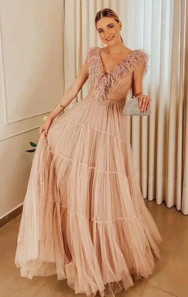 Elegant Wedding Dress Dusty Pink Ruched Backless Long Evening Party Bridesmaids Gowns Sexy Puffy Feather Sleeve Prom Dress