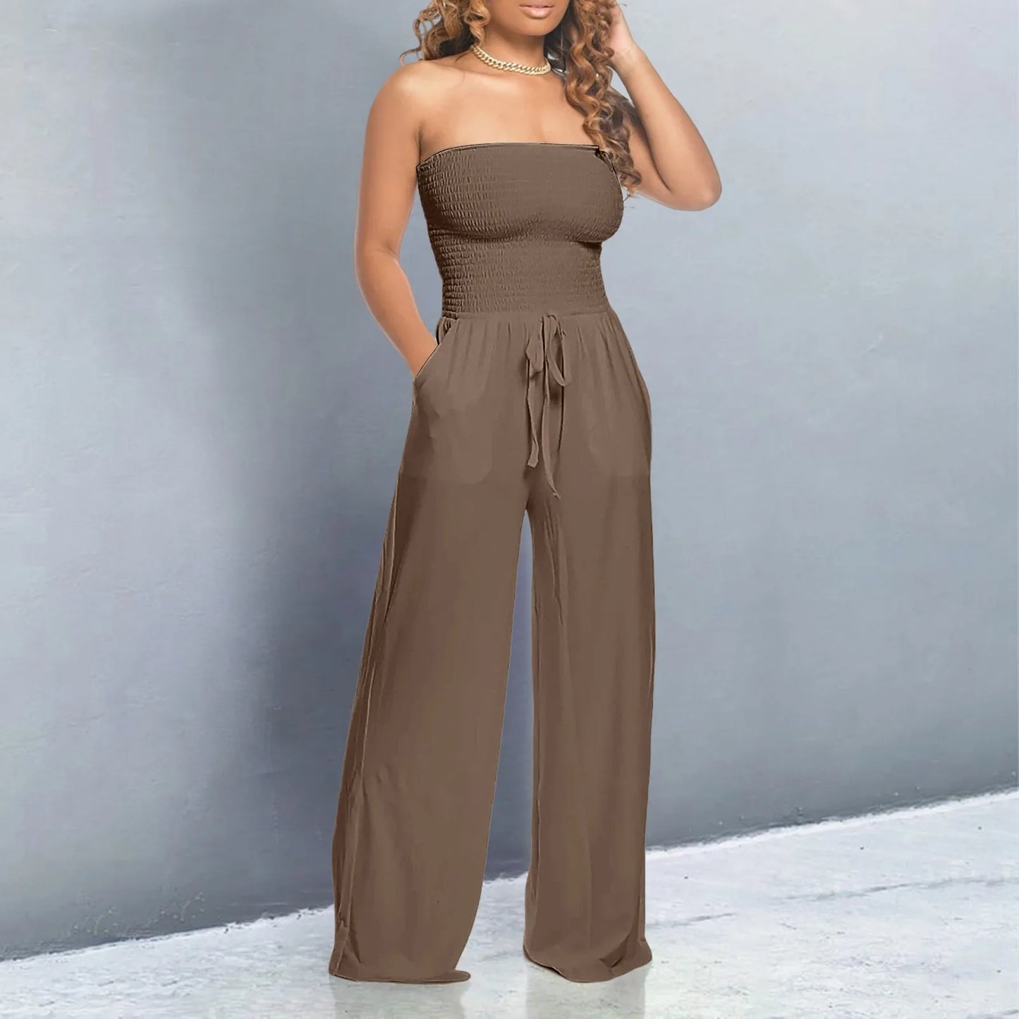 Elegant Soft Lace Jumpsuits Glitter Romper Women Solid Ruffle Lace Sleeveless Lace Up Jumpsuit Medium Length Straight Trousers - Just The Fly Way