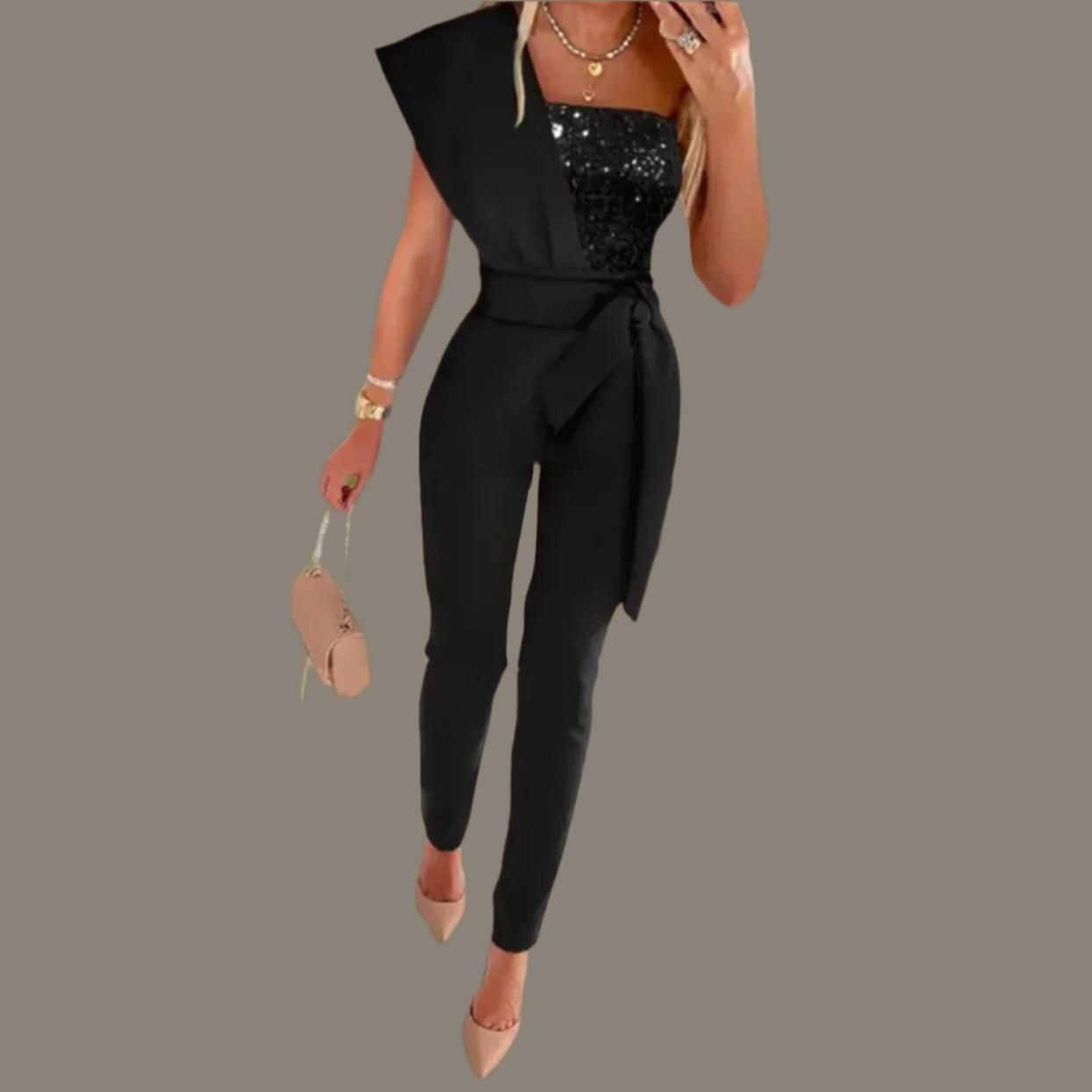 Women's Solid Color Romper, Cut-out Design, Belt Decoration, V-neck Fashion Sequin One-shoulder Bodysuit - Just The Fly Way