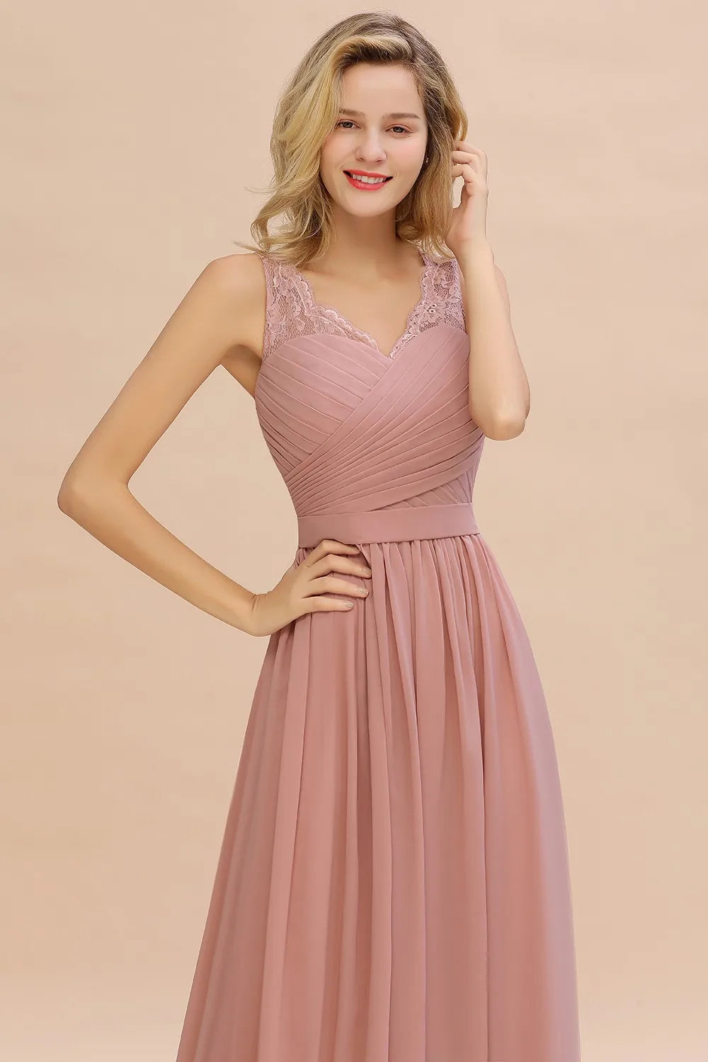 BABYONLINE Elegant Bridesmaid Dress Pleated Bodice See-through Lace Cap Sleeves Maxi Flowy A-Line Skirt Wedding Party Gown Women