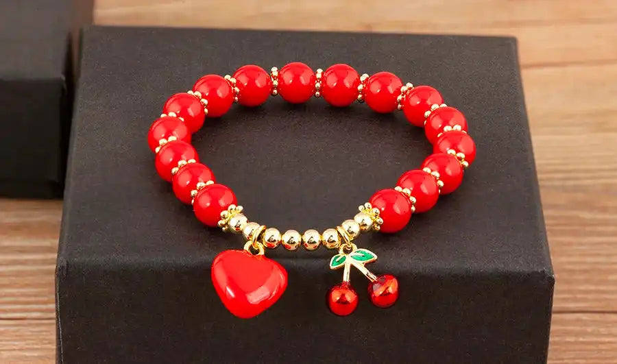 Cherry and Heart Red Beaded Chain Bracelet in 3 Fashion Styles – Trendy Jewelry - Just The Fly Way