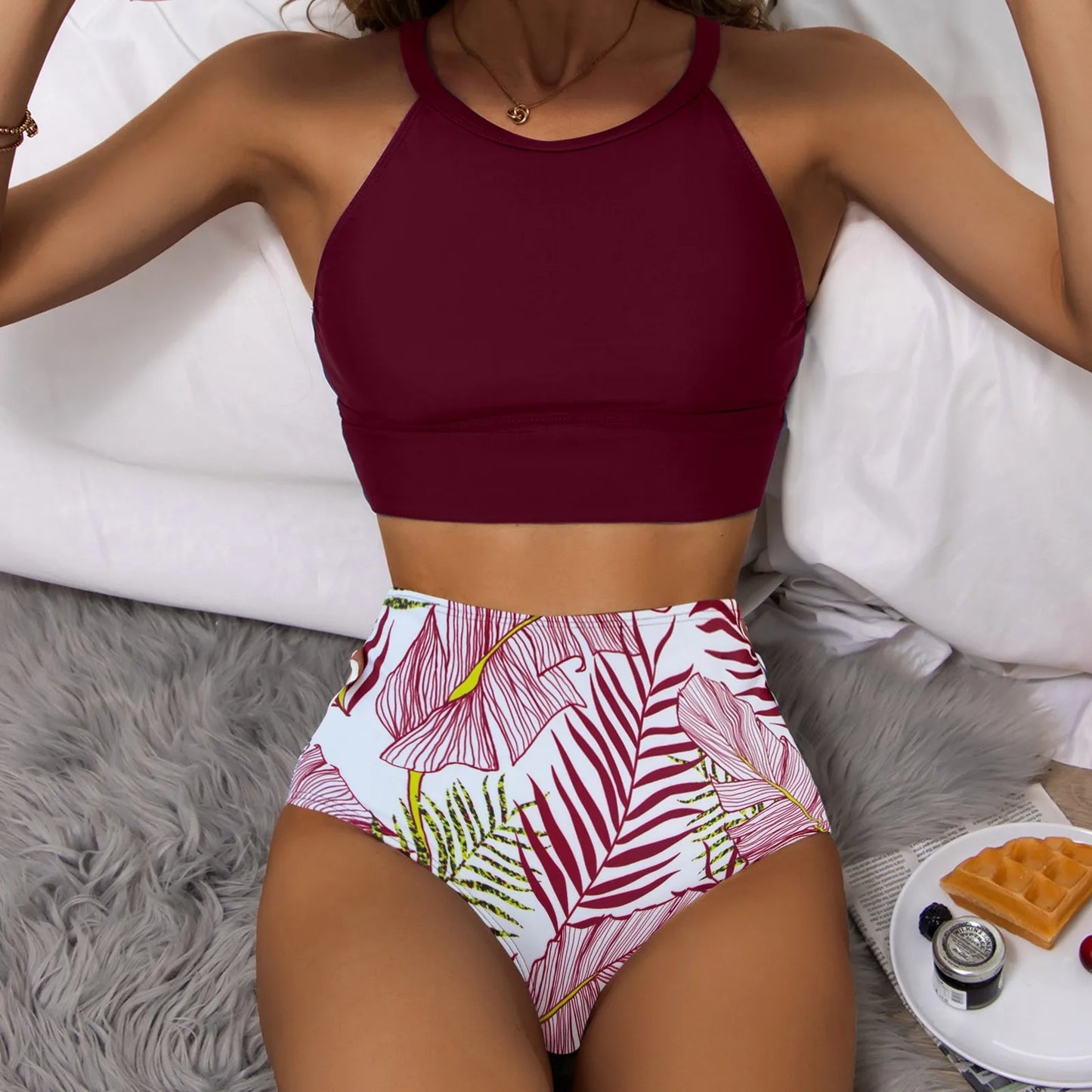 Fashionable, Bold and Beautiful DressWomen'S Tropical Printed Sexy Split Swimsuit Sports Tight Fitting High Waist Bikini Set High Elastic Swimwear Women'S Swimsuit
