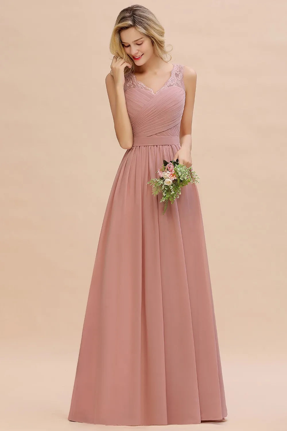 BABYONLINE Elegant Bridesmaid Dress Pleated Bodice See-through Lace Cap Sleeves Maxi Flowy A-Line Skirt Wedding Party Gown Women