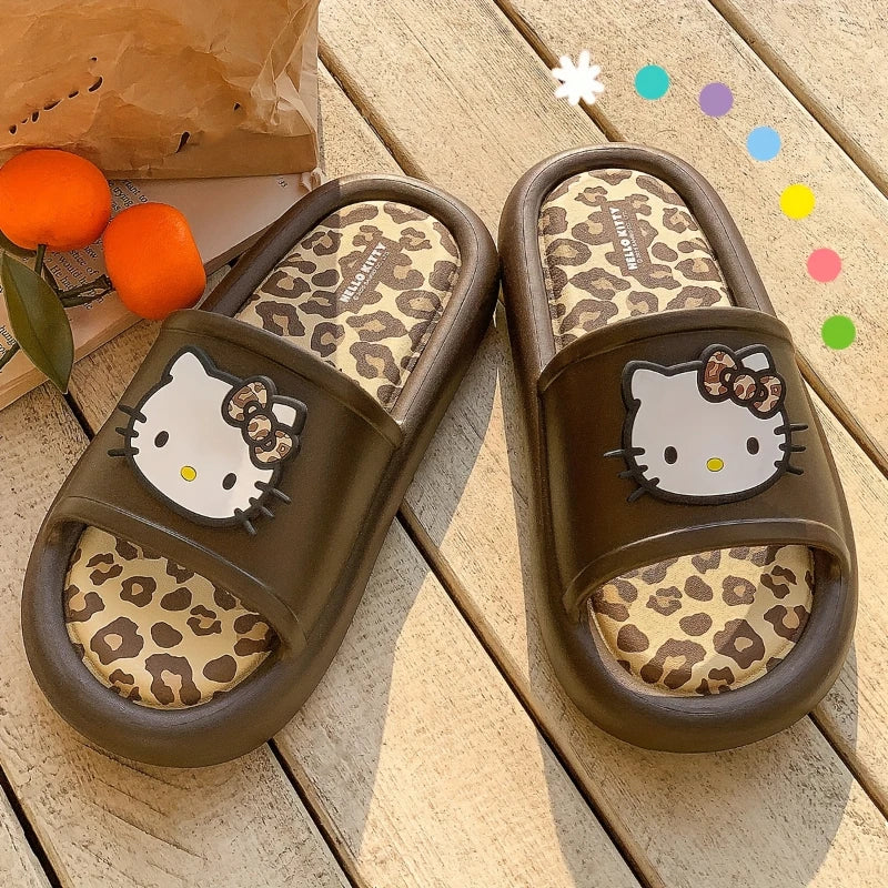 Miniso Hello Kitty Cute Leopard Print Slippers Trendy Open-Toe Slide Sandals in Chic Two-Tone Design Comfortable EVA Material