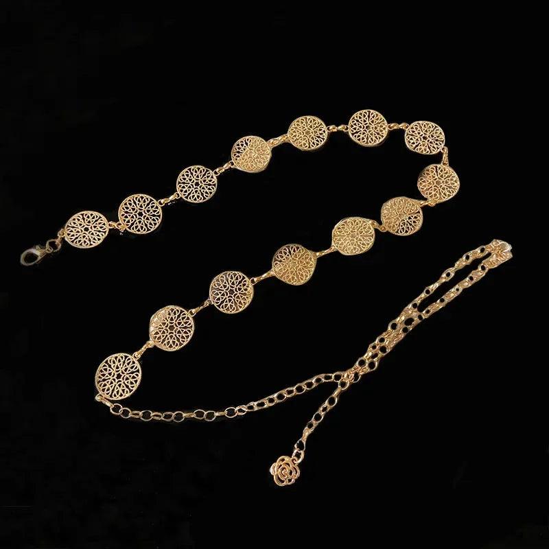 Elegant Retro Round Metal Belt, Gold or Silver Hollow Out Chain Belt Accessories - Just The Fly Way
