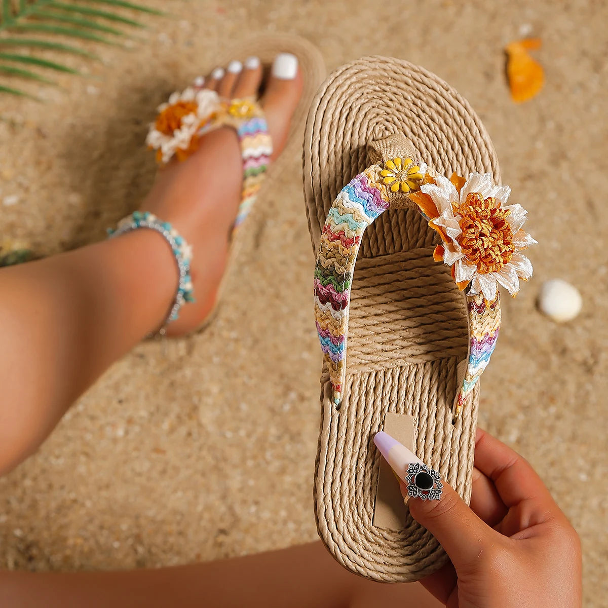 Women's fashion trend accessory Sunflower anti-slip wear soft sole flat flip flops - Just The Fly Way