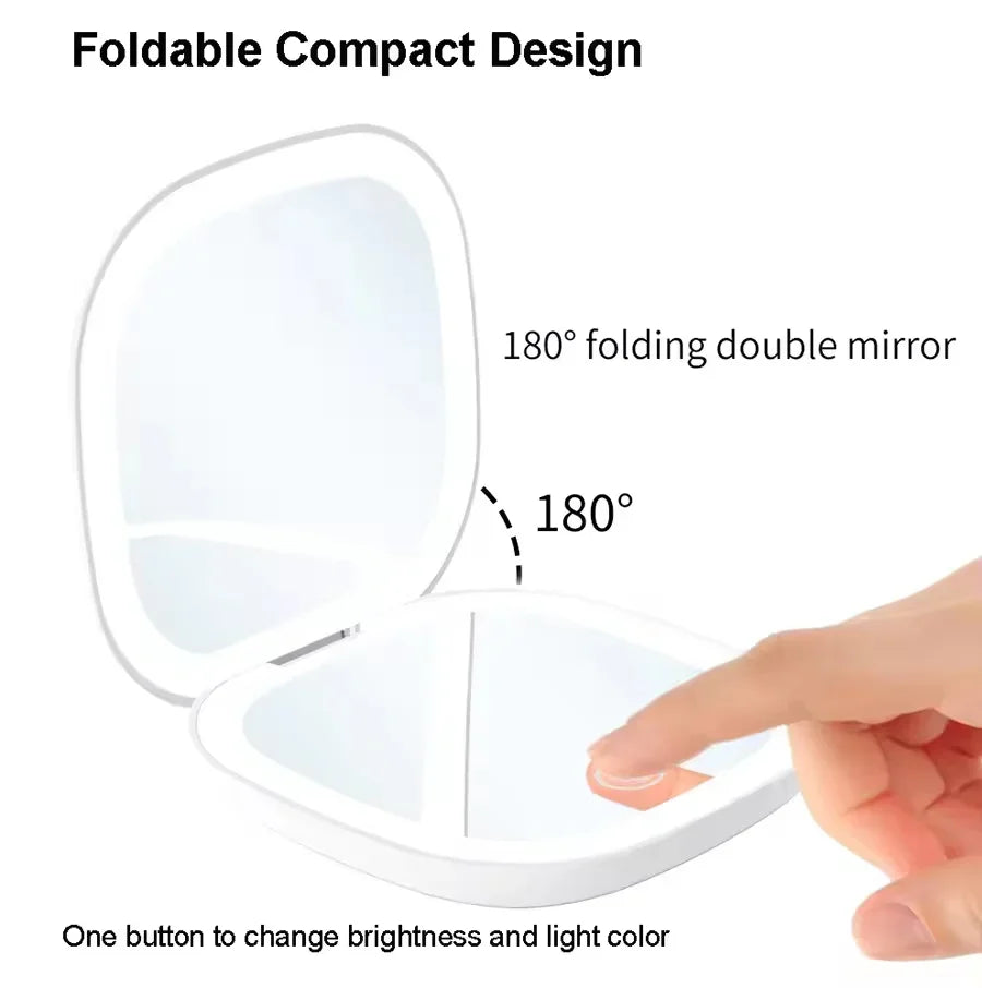 Portable LED Makeup Mirror, Double-Sided Lighted Mirror, Rechargeable 5X Magnification Folding Dressing Mirror for Touch-Ups.