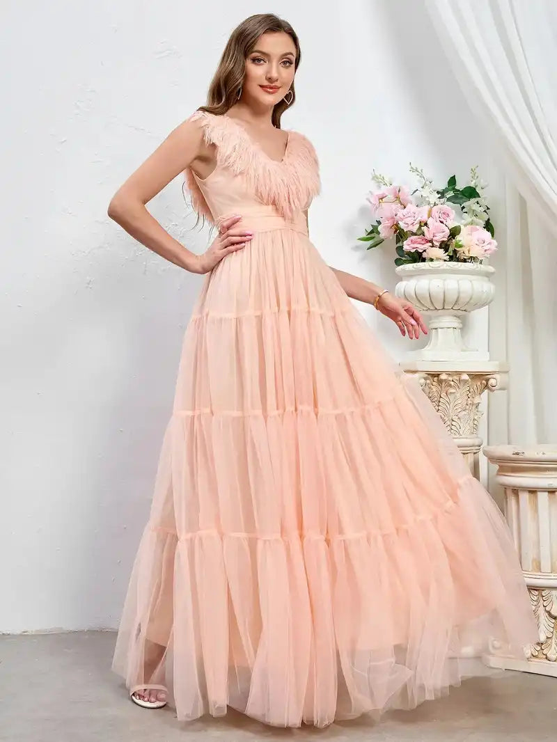 Elegant Wedding Dress Dusty Pink Ruched Backless Long Evening Party Bridesmaids Gowns Sexy Puffy Feather Sleeve Prom Dress
