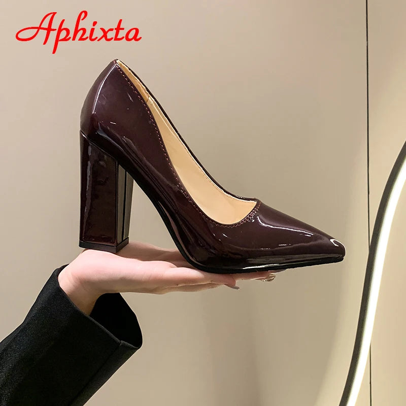 Women's Patent Leather 10cm Square Heel Shoes by Aphixta - Extended Sizes 31-50