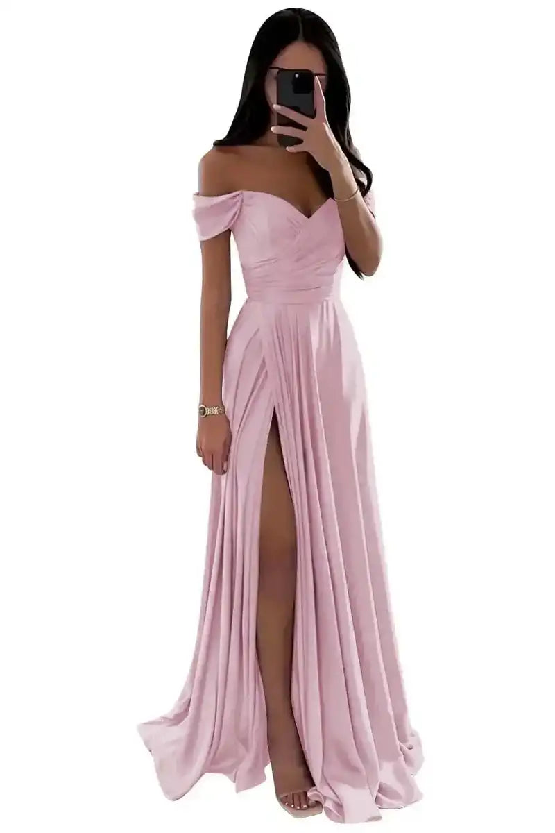 Elegant Women’s Off-the-Shoulder A-Line Evening Gown: Customized Slit Long Pleated Satin Dress