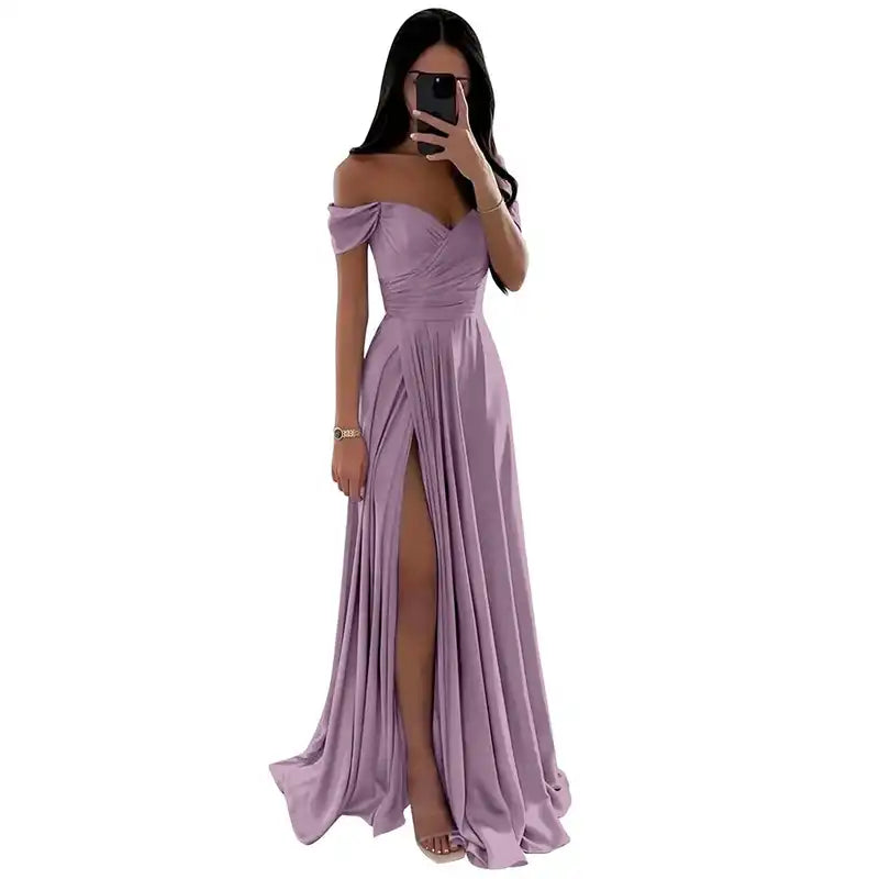 Women's Off the Shoulder Dress for Slit Long Pleated Satin Customized A-Line Evening Gown