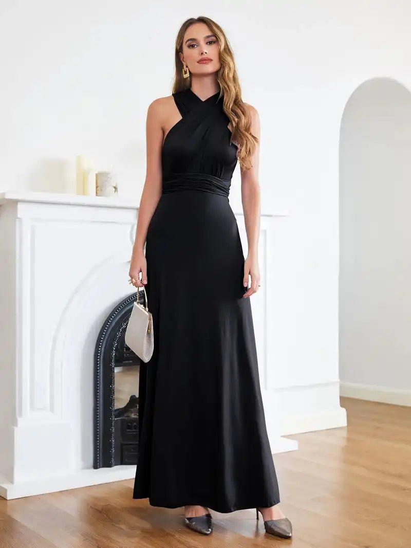 Bridesmaid Dress - Convertible Gown | Floor-Length, Sleeveless black halter gown with V neckline and multiway wrap design by BABYONLINE