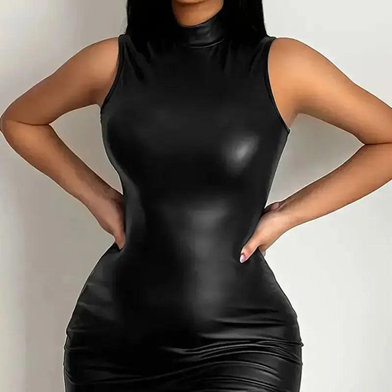 Sexy, Sleeveless Bodycon Mini Dress, leather like, PU Dress, Club Dress - Just The Fly Way