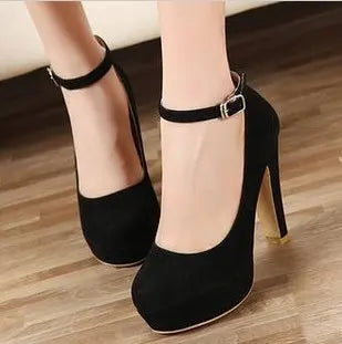 Fashionable, Bold and Beautiful DressLarge Size 42 Sexy Super High Heels Shoes for Women Ankle Buckle Chunky Platform Pumps Woman Black Flock Square Heel Party Shoes