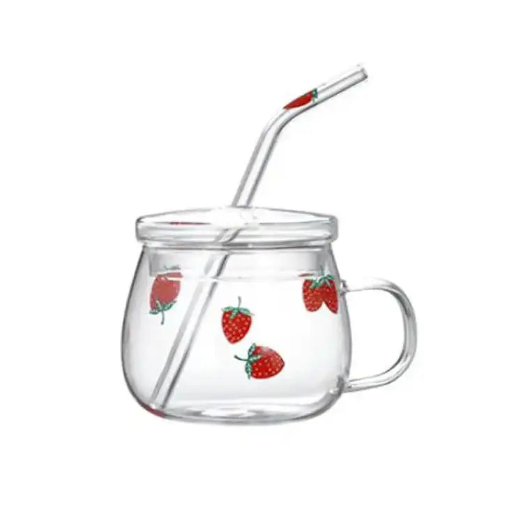 Cute Heat Resistant Strawberry Glass Cups with Lid and Straw - Perfect for Drinks! - Just The Fly Way