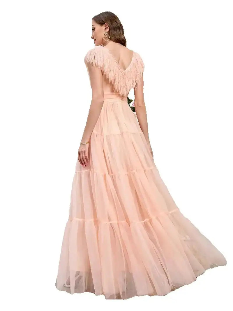 Elegant Wedding Dress Dusty Pink Ruched Backless Long Evening Party Bridesmaids Gowns Sexy Puffy Feather Sleeve Prom Dress