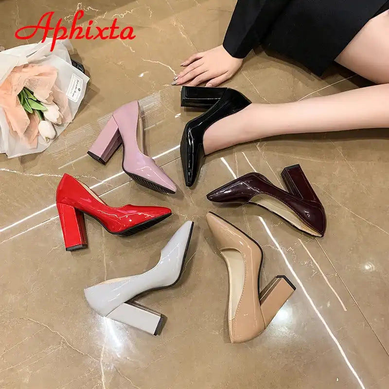 Women's Patent Leather 10cm Square Heel Shoes by Aphixta - Extended Sizes 31-50