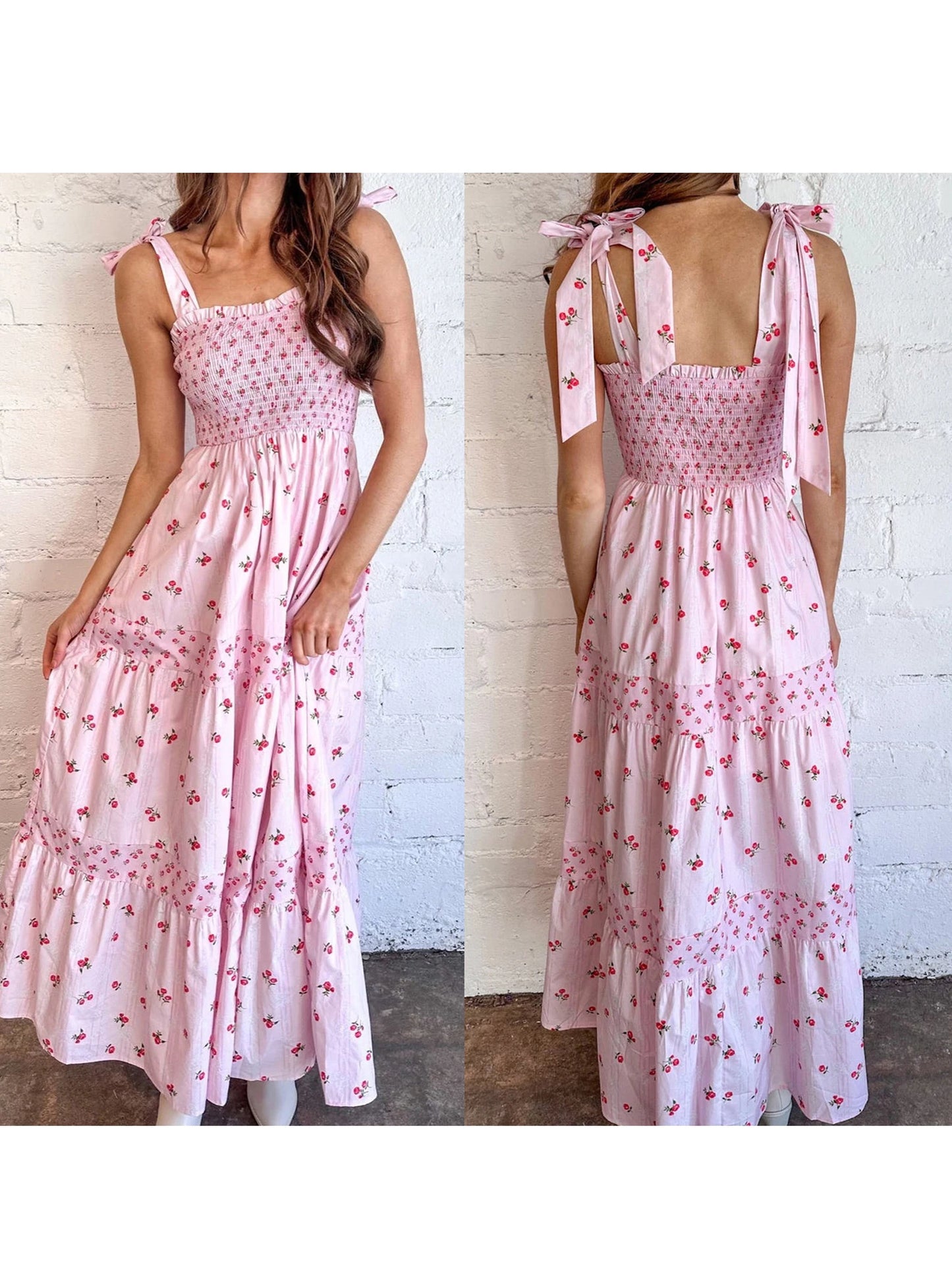 Elegant V-Neck Maxi Dress Sleeveless Floral Print Tie-Up Dress for Summer Beach Wedding Party or Daily Wear - Just The Fly Way