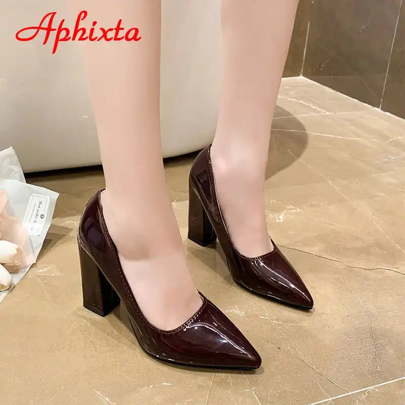 Women's Patent Leather 10cm Square Heel Shoes by Aphixta - Extended Sizes 31-50