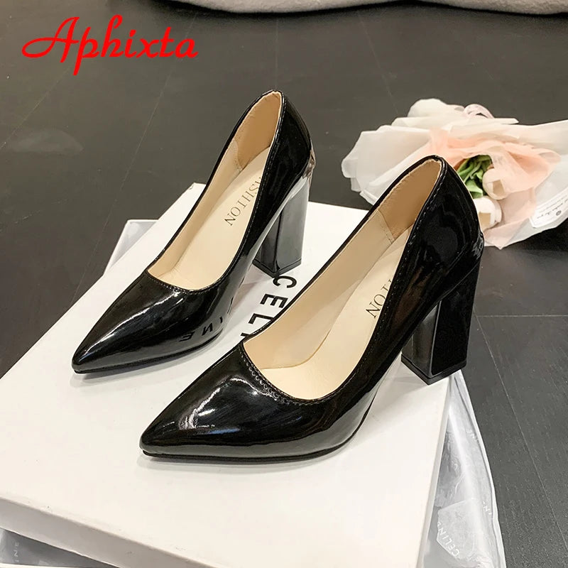 Women's Patent Leather 10cm Square Heel Shoes by Aphixta - Extended Sizes 31-50