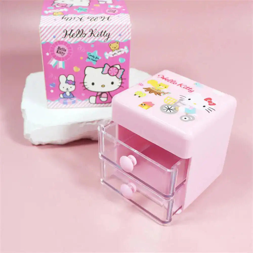 Sanrio Hello Kitty Desktop Storage Box Double Drawer Jewelry Storage Box Cartoon Kitty Cat Mini Sundries Finishing Boxes Gift