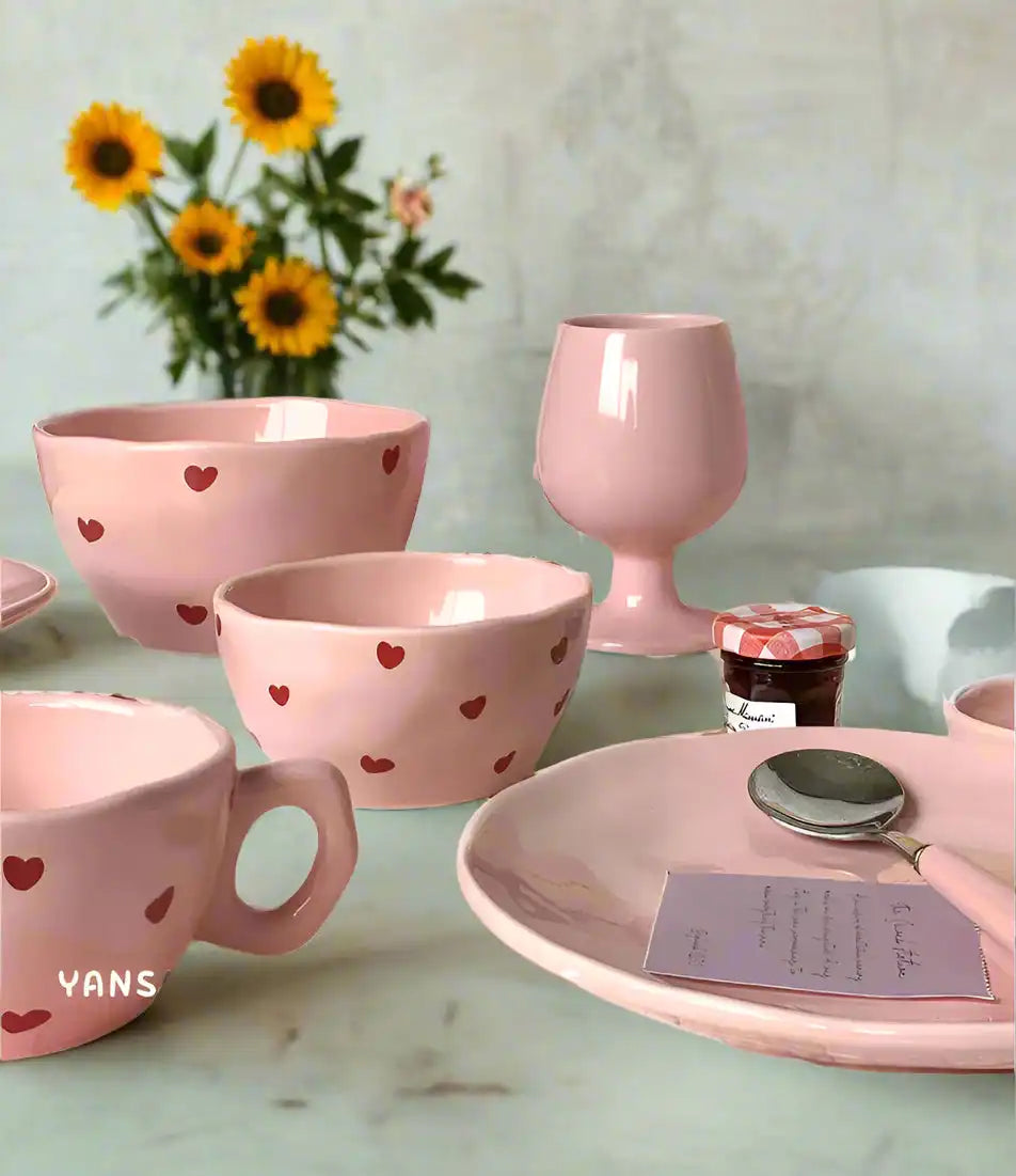 Cute Dinner Tableware Pink Heart Pattern Ceramic - Just The Fly Way
