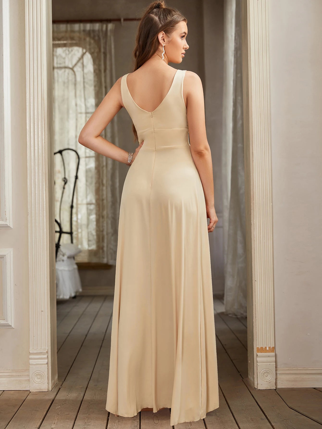 Elegant A-Line Split V-Neck Women's Party Formal Dress Sleeveless Floor Length Birthday Gown