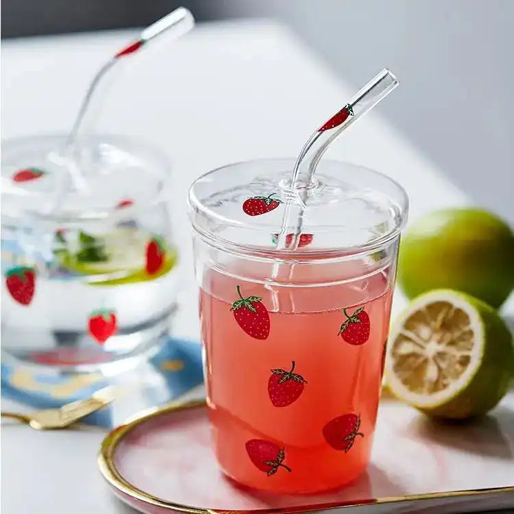 Cute Heat Resistant Strawberry Glass Cups with Lid and Straw - Perfect for Drinks! - Just The Fly Way