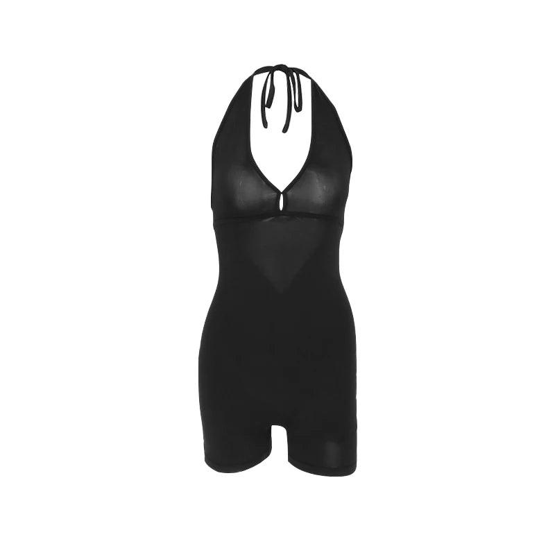 Sleek Halter Black Romper, Sleeveless, Backless - Just The Fly Way