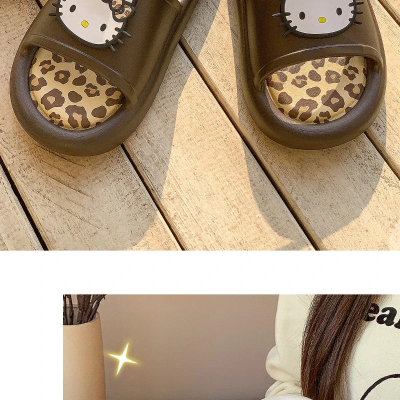 Miniso Hello Kitty Cute Leopard Print Slippers Trendy Open-Toe Slide Sandals in Chic Two-Tone Design Comfortable EVA Material
