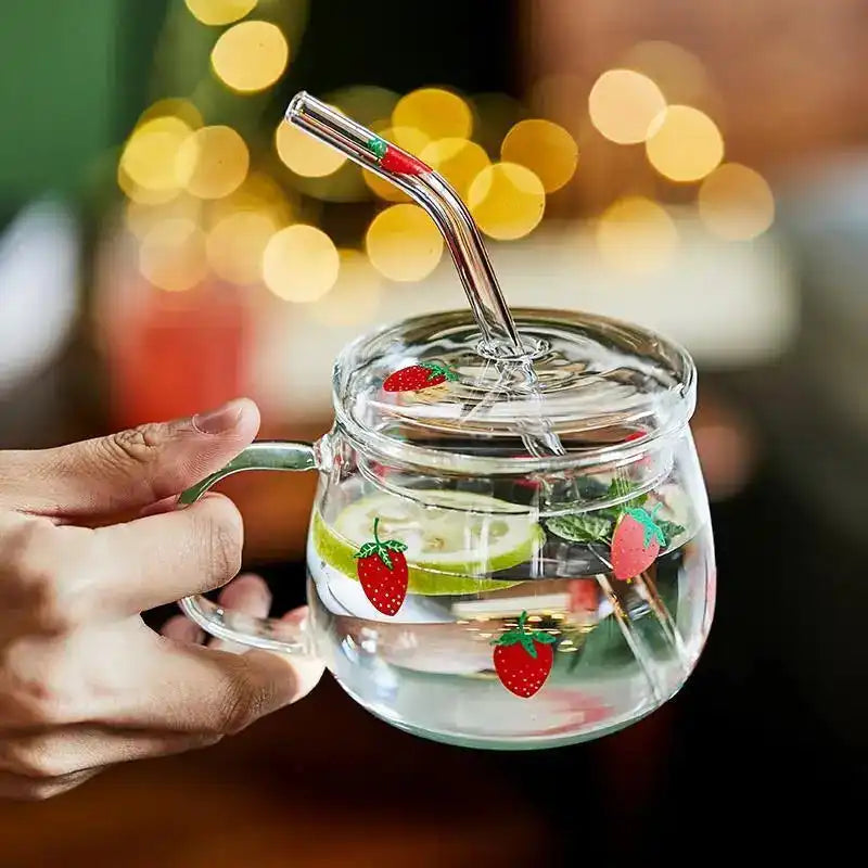 Cute Heat Resistant Strawberry Glass Cups with Lid and Straw - Perfect for Drinks! - Just The Fly Way
