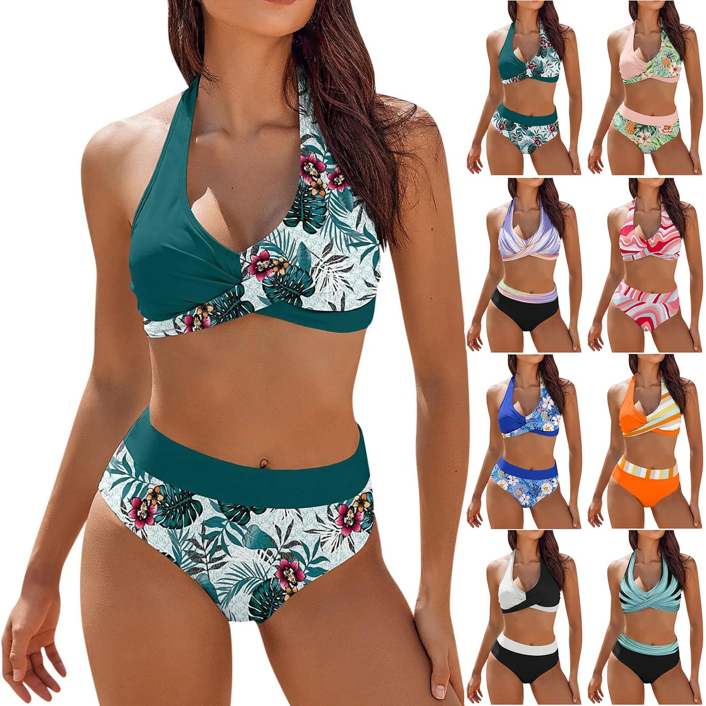 Fashionable, Bold and Beautiful Dressbikini Beach Colour Block Floral Printed Women's Swimsuit High Waist Two Piece For Teenagers biquinis feminino tendência 2024