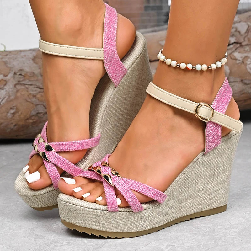 Women's Chunky Platform Wedge Sandals Non Slip Ankle Strap with Metal Cross on Band
