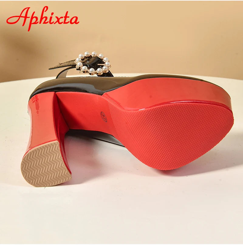 Fashionable, Bold and Beautiful DressAphixta Pearl Buckle Round Toe Pumps 5.5cm Platform Chunky Heels Shoes Black/Red Women's Fashion High Heel