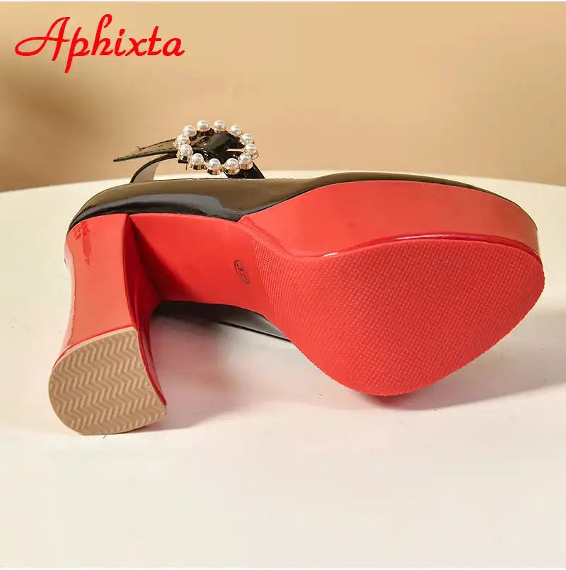 Aphixta Pearl Buckle Round Toe Pumps 5.5cm Platform Chunky Heels Shoes Black/Red Women's Fashion High Heel
