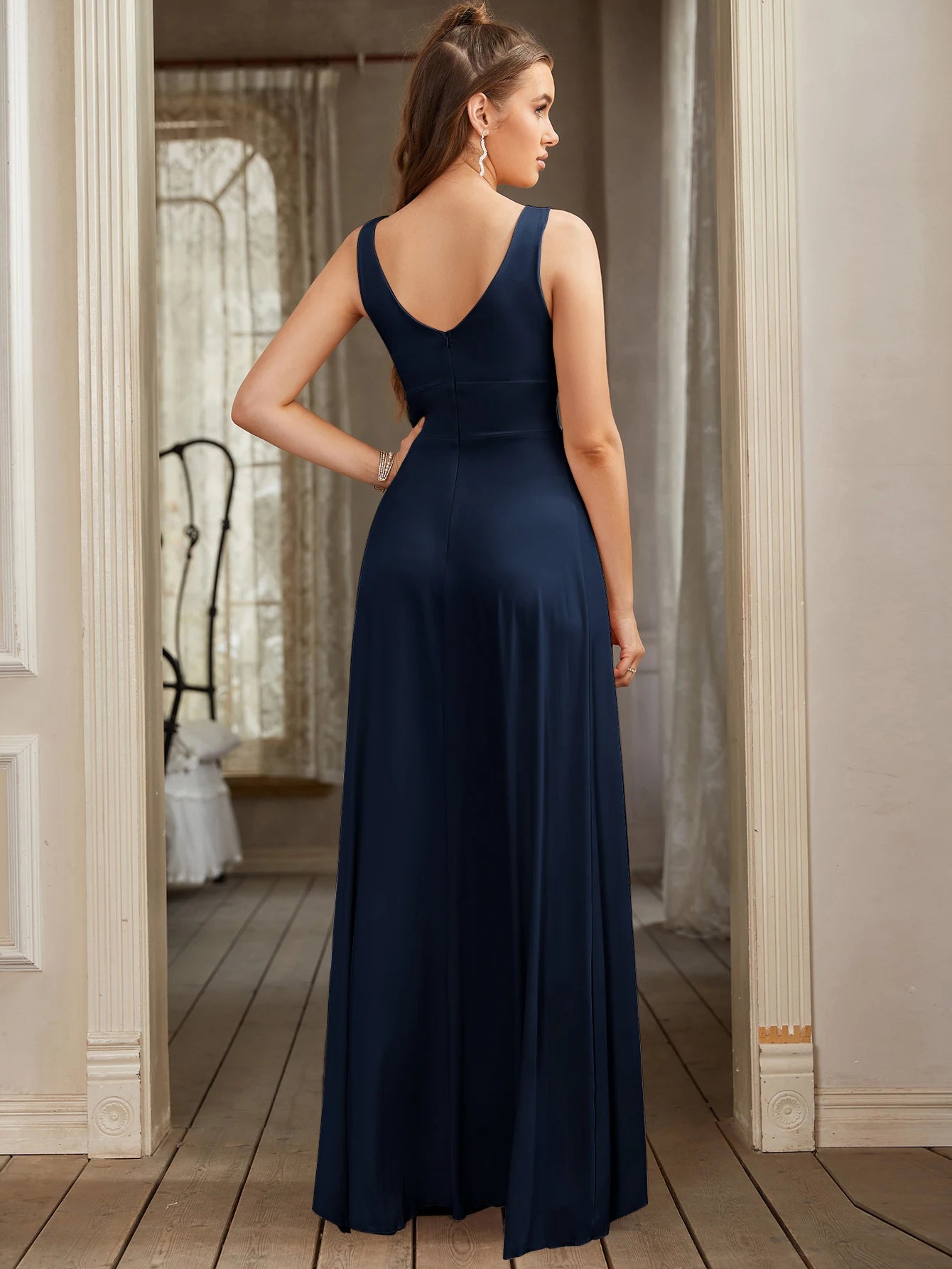 Elegant A-Line Split V-Neck Women's Party Formal Dress Sleeveless Floor Length Birthday Gown