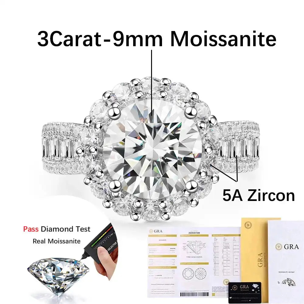 Moissanite Flower Halo Ring for Women - 3CT 925 Sterling Silver Wedding Band, GRA Certified Gift - Just The Fly Way