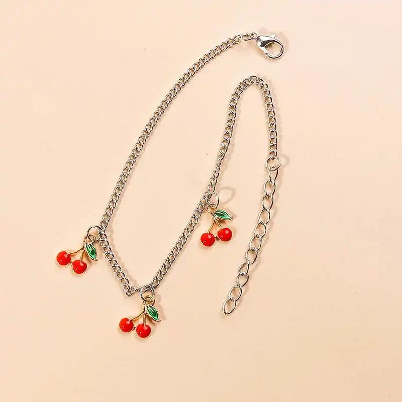 Adjustable Red Cherry Charm Anklet for Women – Silver Chain Ankle Bracelet, Jewelry Gift - Just The Fly Way