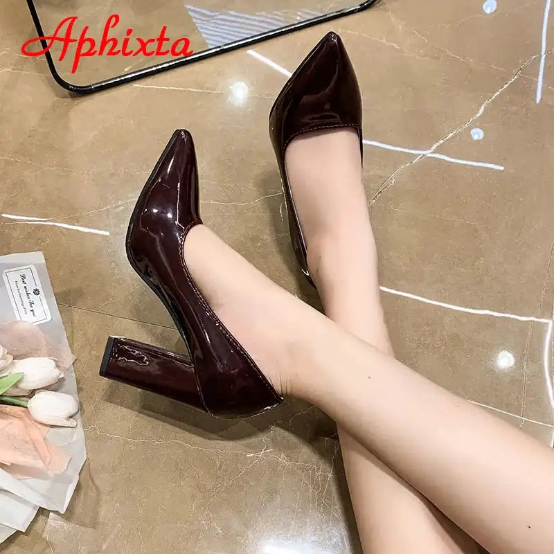 Women's Patent Leather 10cm Square Heel Shoes by Aphixta - Extended Sizes 31-50