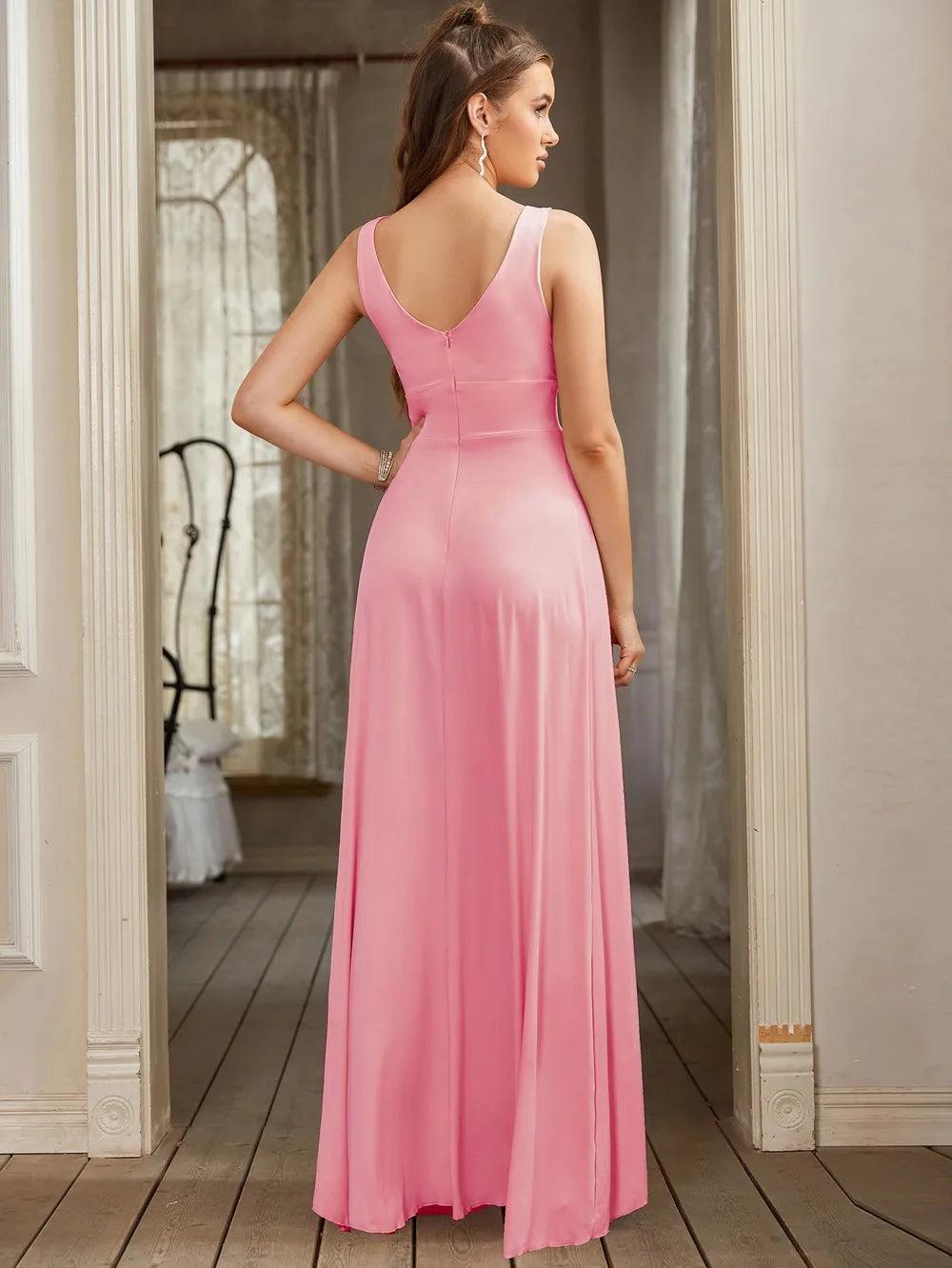 Elegant A-Line Split V-Neck Women's Party Formal Dress Sleeveless Floor Length Birthday Gown