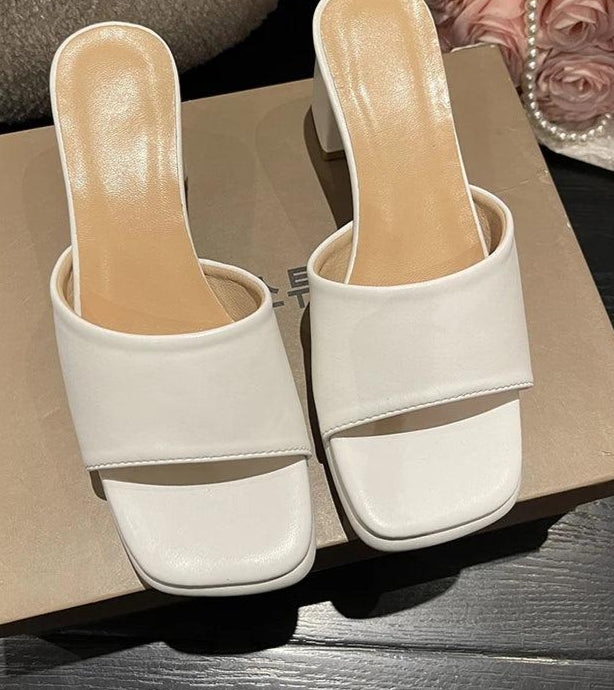 Women's Slide Shoes With Chunky Heels And Peep Toe Design - Just The Fly Way