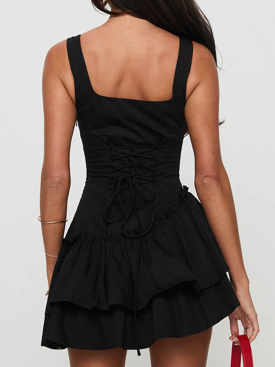 Elegant V-Neck Sleeveless Pleated Tie-Waist Solid Color A-Line Dress Women s Backless Summer Mini Slip Dress - Just The Fly Way
