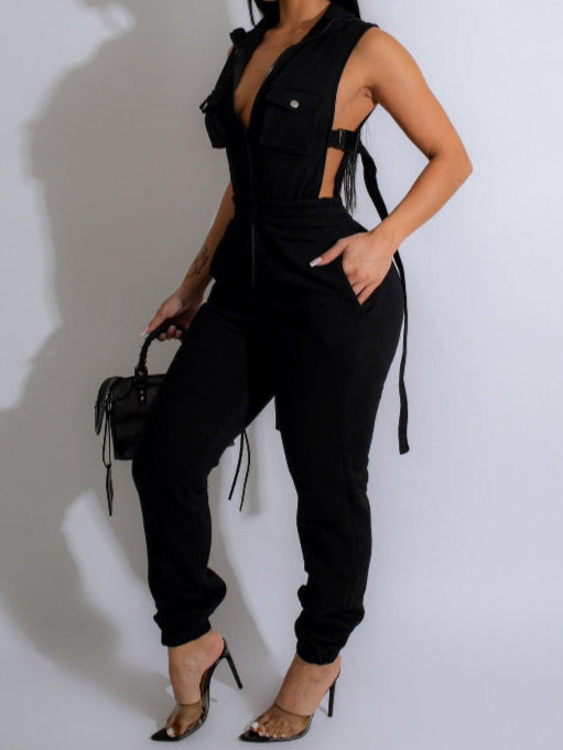 Sleek Jogger Romper With Single-breasted Front, Stylish Buckle Closure, Open Sides - Just The Fly Way