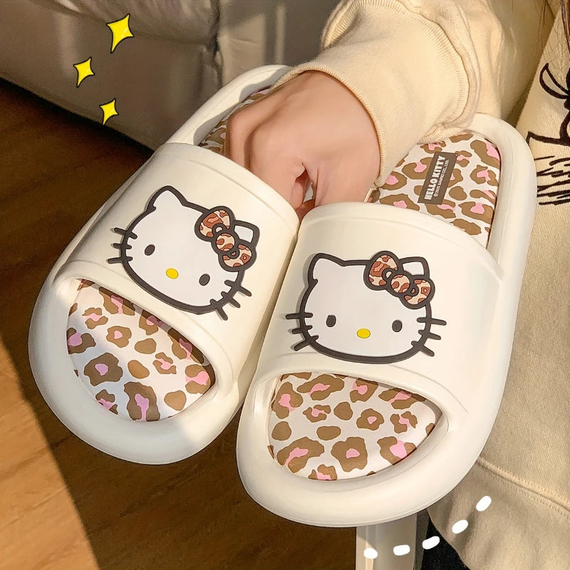 Miniso Hello Kitty Cute Leopard Print Slippers Trendy Open-Toe Slide Sandals in Chic Two-Tone Design Comfortable EVA Material