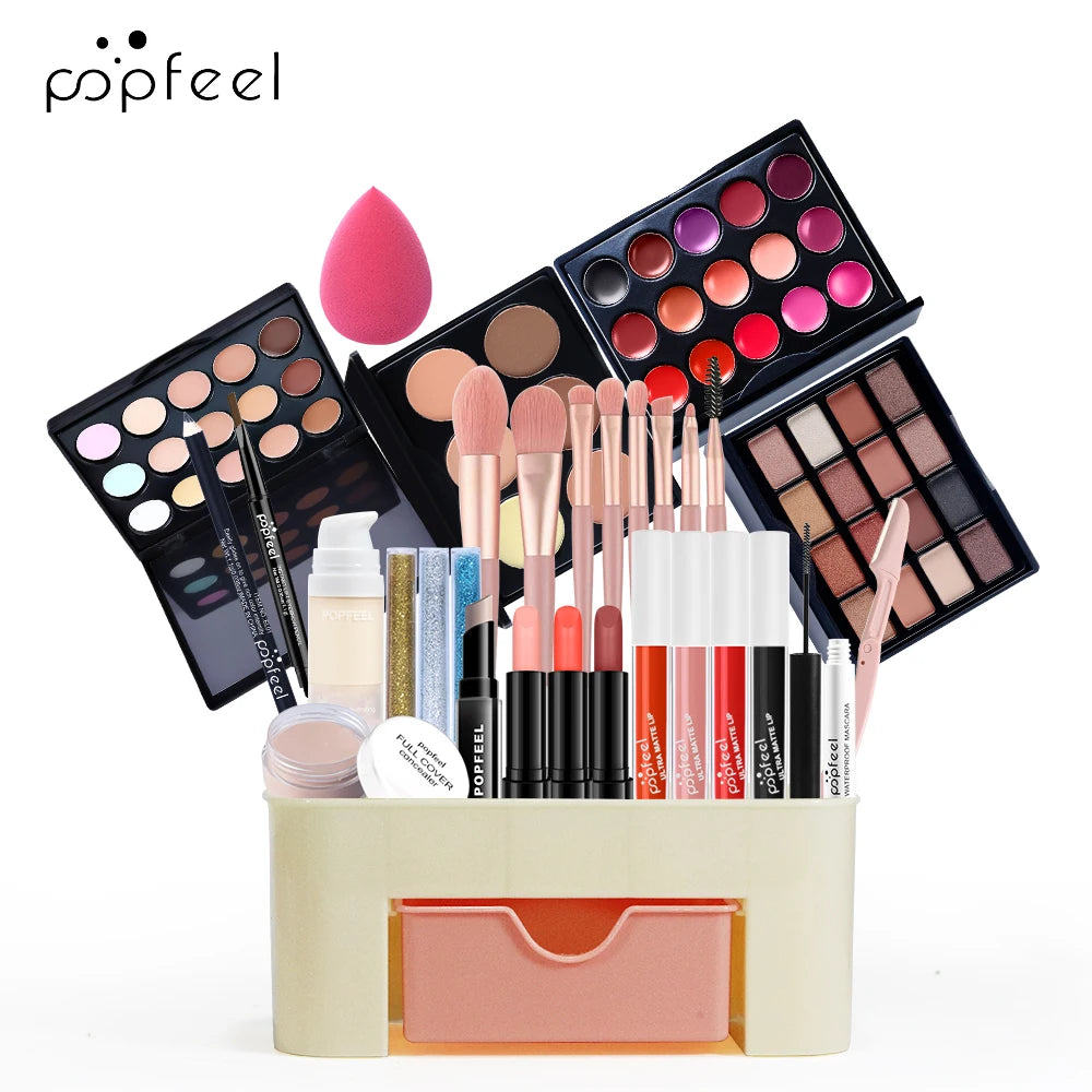 Fashionable, Bold and Beautiful DressPOPFEEL Color Makeup Cosmetic Gift Set - Eyeshadow, Foundation, and Makeup Brushes with Storage Box - Complete Makeup Collection