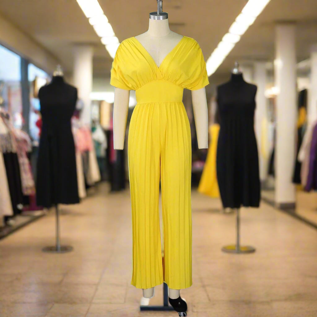 Elegant V-neck Solid Color Fashion Pleated Wide leg Jumpsuit, Pants Romper - Just The Fly Way