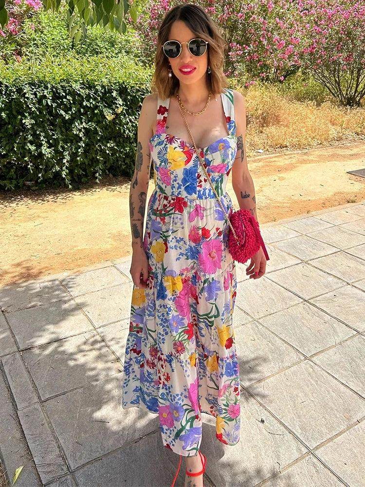 Colorful Printed Dress with a Square Neck Mid Rise and Sleeveless Hidden Zipper - Just The Fly Way