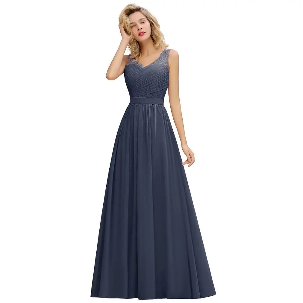BABYONLINE Elegant Bridesmaid Dress Pleated Bodice See-through Lace Cap Sleeves Maxi Flowy A-Line Skirt Wedding Party Gown Women
